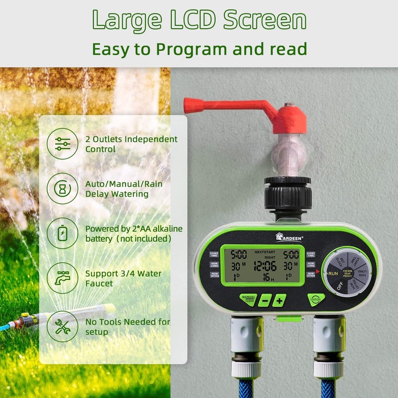 Yardeen 2 Outlet Garden Digital Electronic Water Timer Irrigation Controller for Garden Yard, Green - Image 5